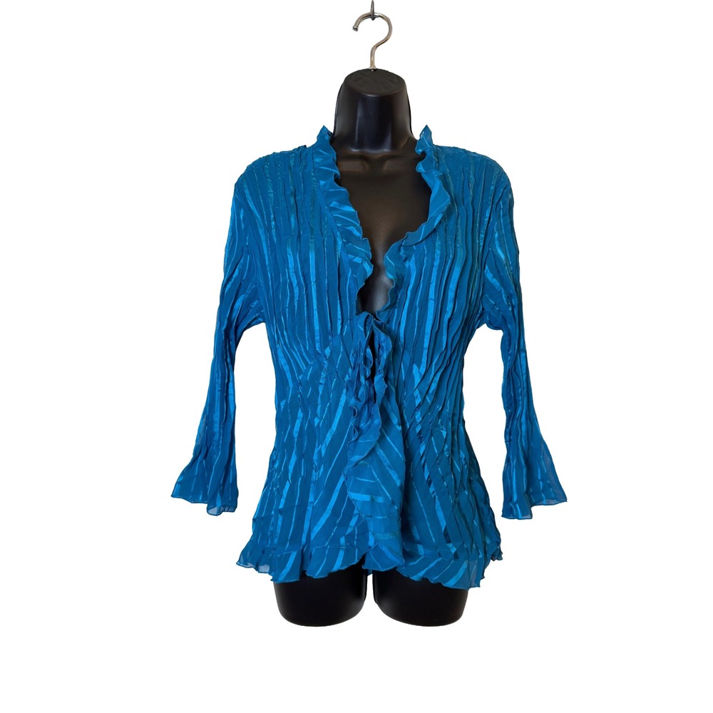 Vintage Y2K Notations Whimsigoth Teal Blue Sheer Plisse Ruffle Open Cardigan